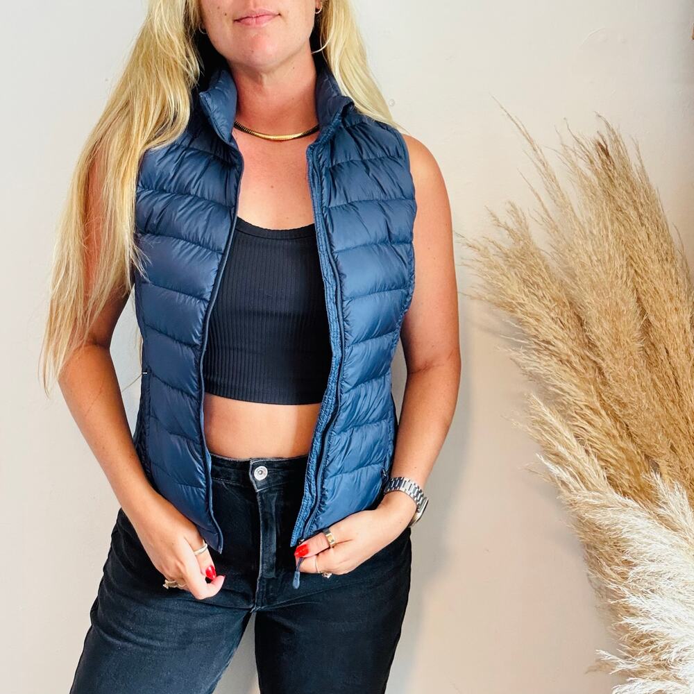 32 DEGREES Royal Blue Stripe Full Zip Quilted $70 Puffer Vest Pack Bag Pockets S